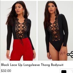 PrettyLittleThing black lace up thong bodysuit